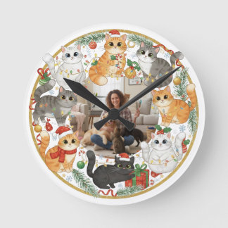 Relógio Redondo Custom Pet Photo Christmas Cat Wall Clock