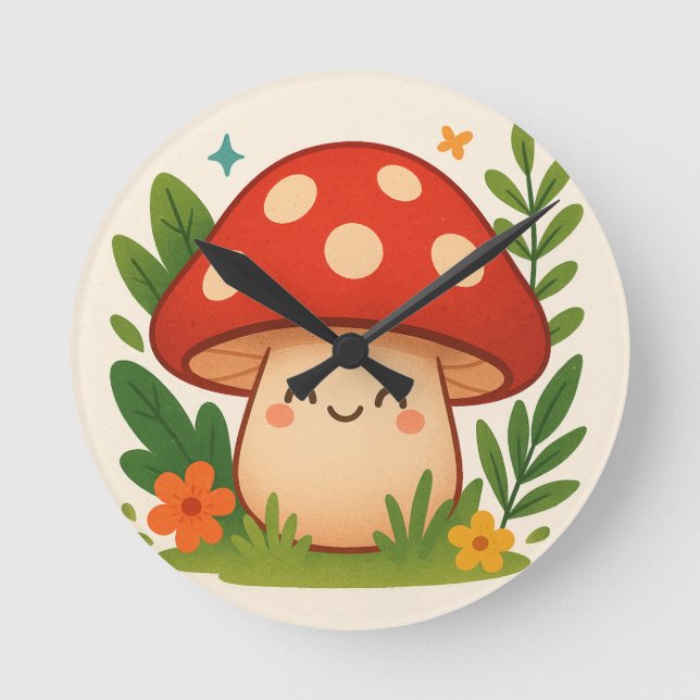 Relógio Redondo Cute Aesthetic Mushroom Wall Clock (Frente)