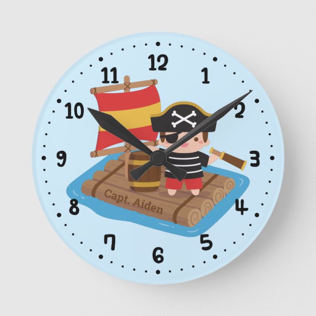 Relógio Redondo Cute Boy Pirate Set Sail Wooden Kids Room (Frente)