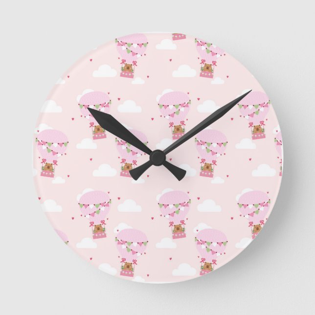 Relógio Redondo Cute Capybara Hot Air Balloon (Frente)