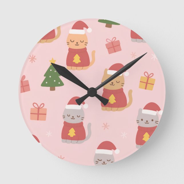 Relógio Redondo Cute Christmas Cats Pattern – Pink Holiday Design (Frente)