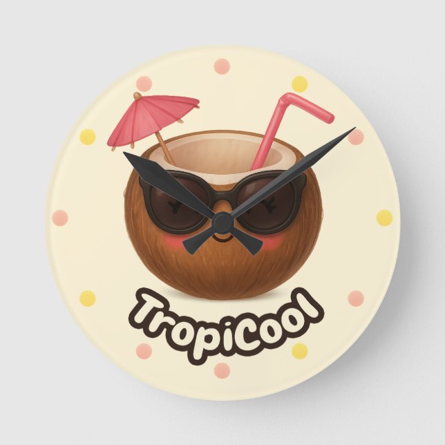 Relógio Redondo Cute Coconut - Design tropical com pontos de paste (Frente)