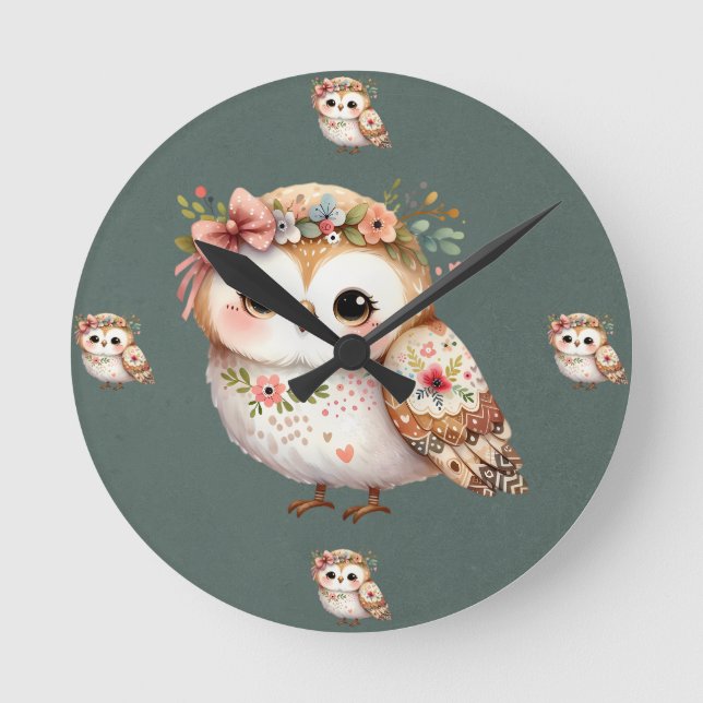 Relógio Redondo Cute Floral Owl with Bow (Frente)