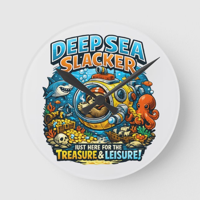 Relógio Redondo Cute Ocean Adventure Humor, Funny Sloth Diving art (Frente)