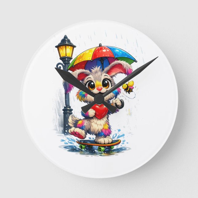 Relógio Redondo Cute Rainbow Bunny with Umbrella Design (Frente)