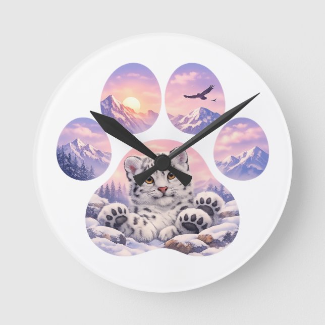 Relógio Redondo Cute Snow Leopard Paw Mountain Design (Frente)