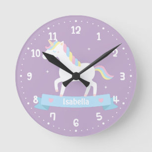 Relógio Redondo Cute White Unicorn Girls Bedroom Wall Clock
