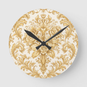 Relógio Redondo Damasco Floral Dourado