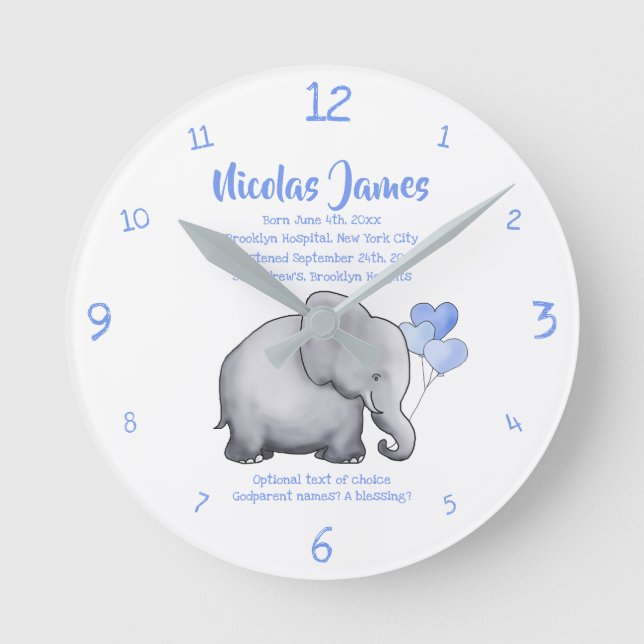 Relógio Redondo Data de Natal Personalizada Baby Blue Elephant (Frente)