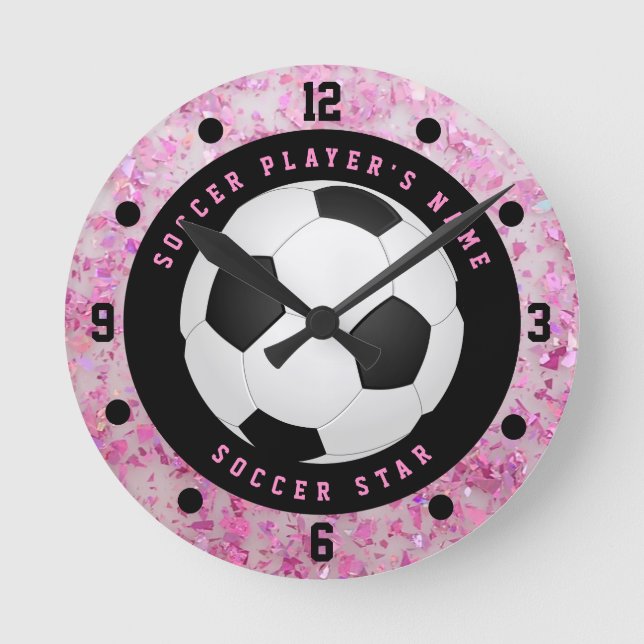 Relógio Redondo de Futebol Bola de Futebol Rosa Pe (Frente)
