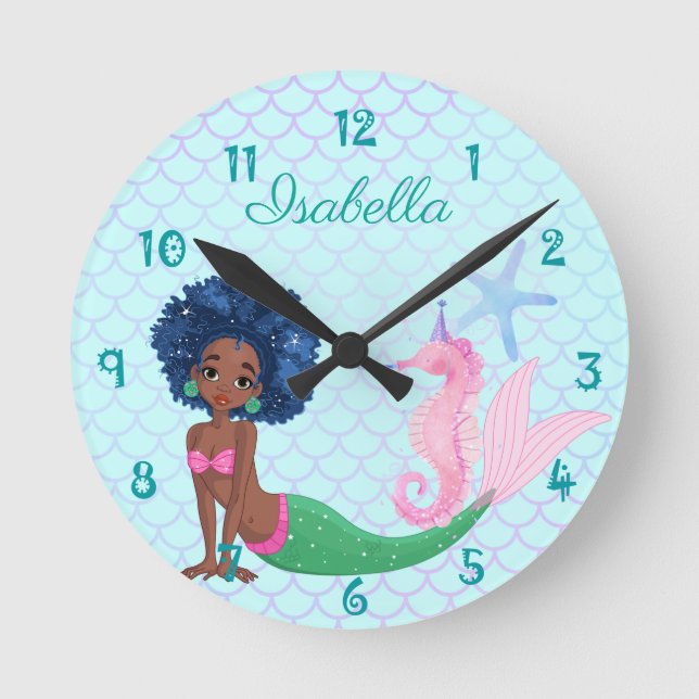 Relógio Redondo de Sereia Preta Personalizado (Frente)
