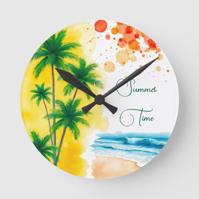 Relógio Redondo de “Verão” com design de praia (Frente)