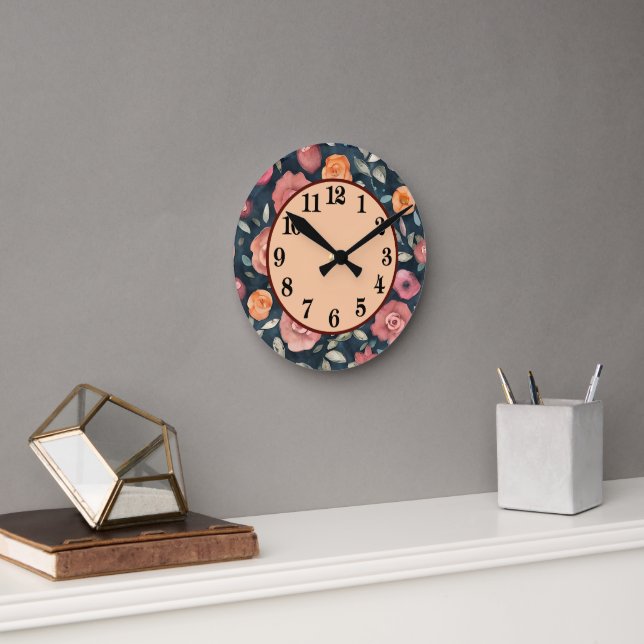 Relógio Redondo Decoração floral laranja e rosa (Escritório)