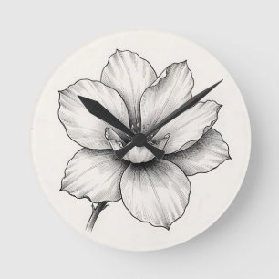 Relógio Redondo Desenho a tinta de flor botânica vintage em linha