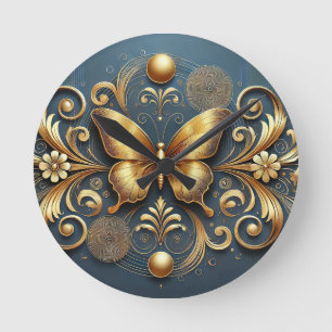 Relógio Redondo Desenho de Borboleta Dourada