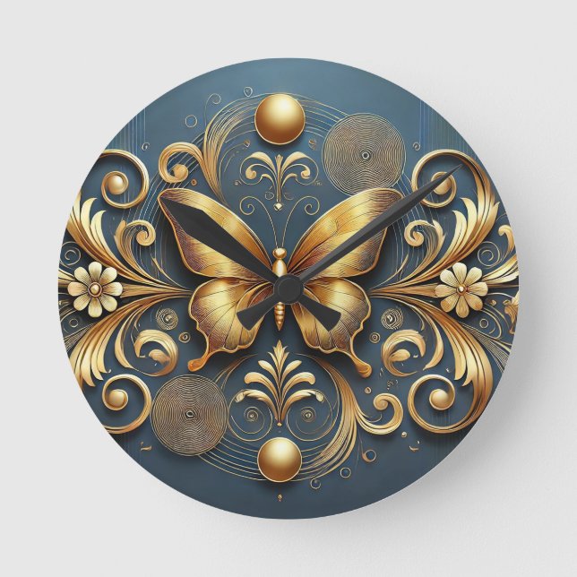 Relógio Redondo Desenho de Borboleta Dourada (Frente)