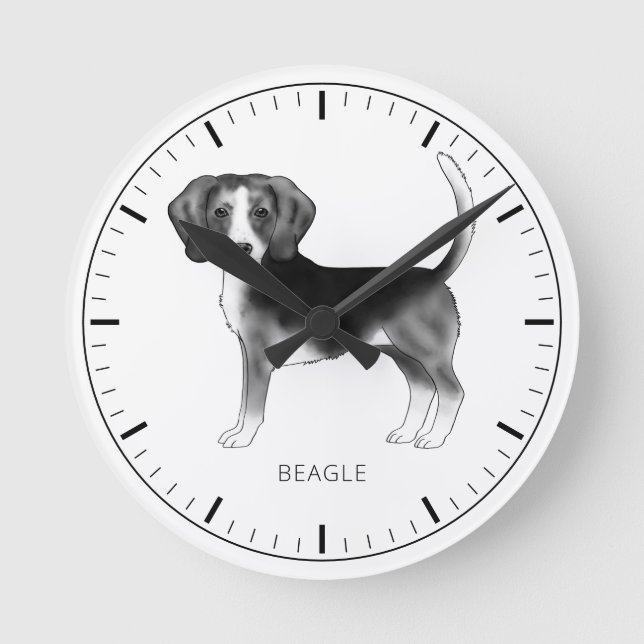 Relógio Redondo Desenho de Cachorro Beagle em Preto e Branco com T (Frente)