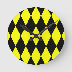 Relógio Redondo Desenho de Diamantes Xadrez Harlequim Amarelo Pret