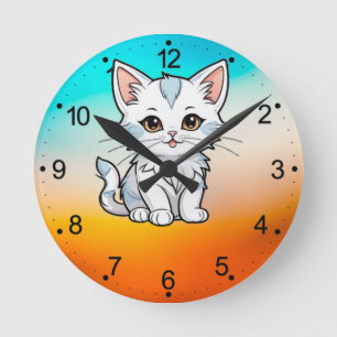 Relógio Redondo Desenho de Linha de Desenho Animado de Gato Estili