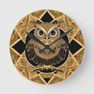 Relógio Redondo Desenho de Mandala de Coruja Decorativa Dourada
