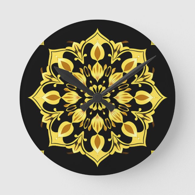 Relógio Redondo Desenho de Mandala Dourada Com Padrões Simétricos (Frente)