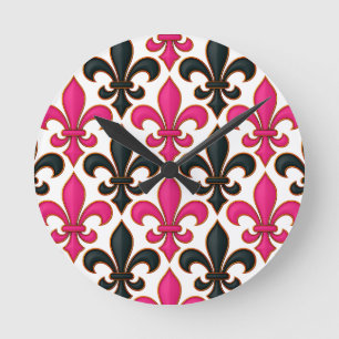 Relógio Redondo Desenho de padrão Barroco Preto Rosa Fleur-de-lis 