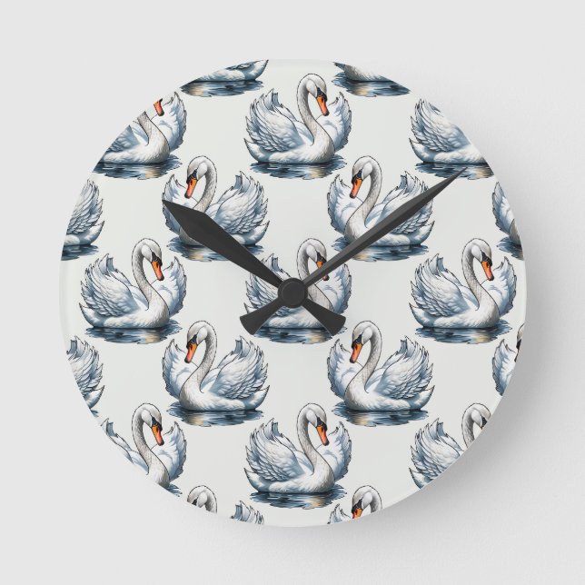 Relógio Redondo Desenho de padrão de aves cisnes em branco  (Frente)
