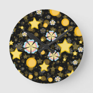 Relógio Redondo Desenho de padrão de flores estrelas sol brilhante
