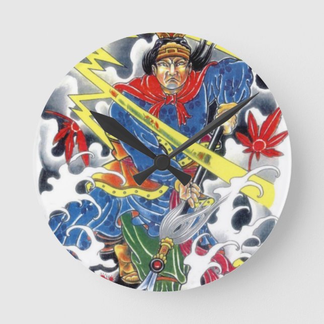 Relógio Redondo desenho de tatuagem de samurai japonês com lança (Frente)