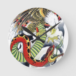 Relógio Redondo Desenho de Tatuagem Japonesa Águia & Cobra