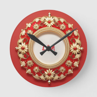 Relógio Redondo Desenho Floral Circular Dourado Ornamentado