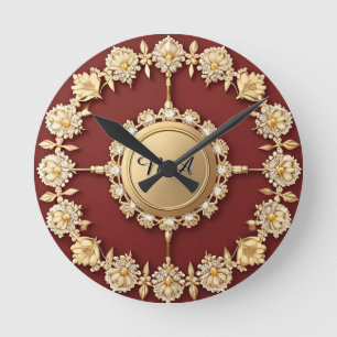 Relógio Redondo Desenho Floral Dourado Ornamentado