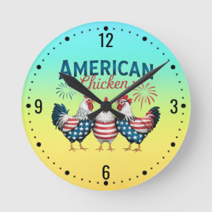Relógio Redondo Desenho Patriótico Americano de Frango de 4 de Jul