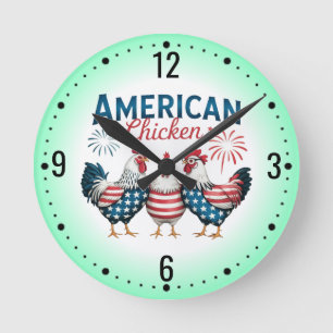 Relógio Redondo Desenho Patriótico Americano de Frango de 4 de Jul