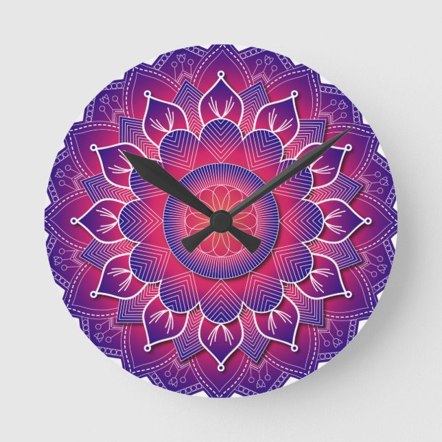 Relógio Redondo Desenho Tradicional de Mandala Roxo Azul    (Frente)