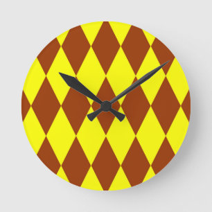 Relógio Redondo Desenho Xadrez Arlequim Amarelo Castanho