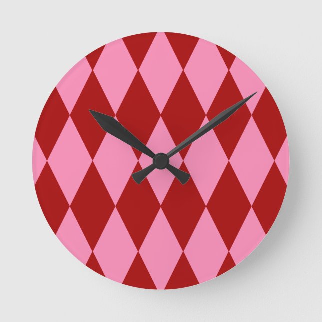 Relógio Redondo Desenho Xadrez Arlequim Rosa Vermelho (Frente)