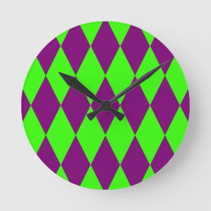 Relógio Redondo Desenho Xadrez Arlequim Verde Roxo