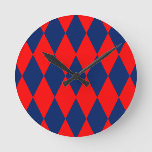 Relógio Redondo Desenho Xadrez Arlequim Vermelho e Azul