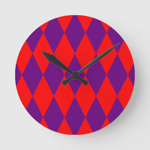 Relógio Redondo Desenho Xadrez Arlequim Vermelho e Roxo