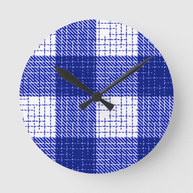 Relógio Redondo Desenho Xadrez Bold Azul e Branco  (Frente)