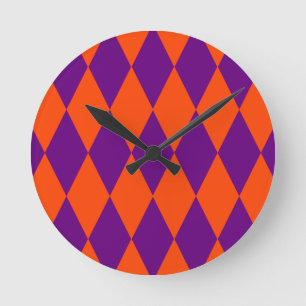Relógio Redondo Desenho Xadrez Harlequim Laranja e Roxo