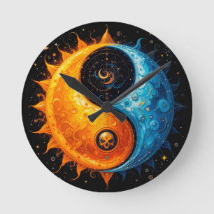 Relógio Redondo Desenho Yin Yang Representando Sol e Lua