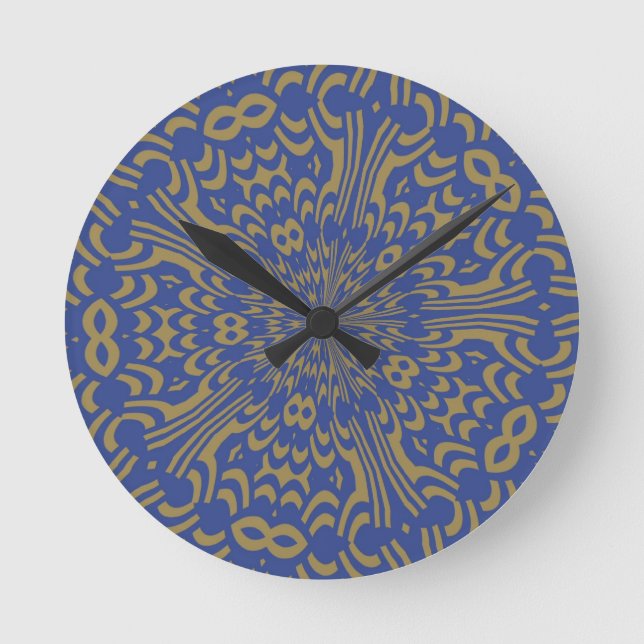 Relógio Redondo Design Abstrato Azul e Dourado (Frente)