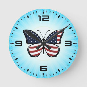 Relógio Redondo Design Borboleta Bandeira Americana