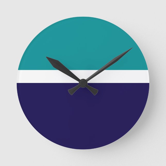 Relógio Redondo Design de Bloco de Cor Azul Branco Teal (Frente)