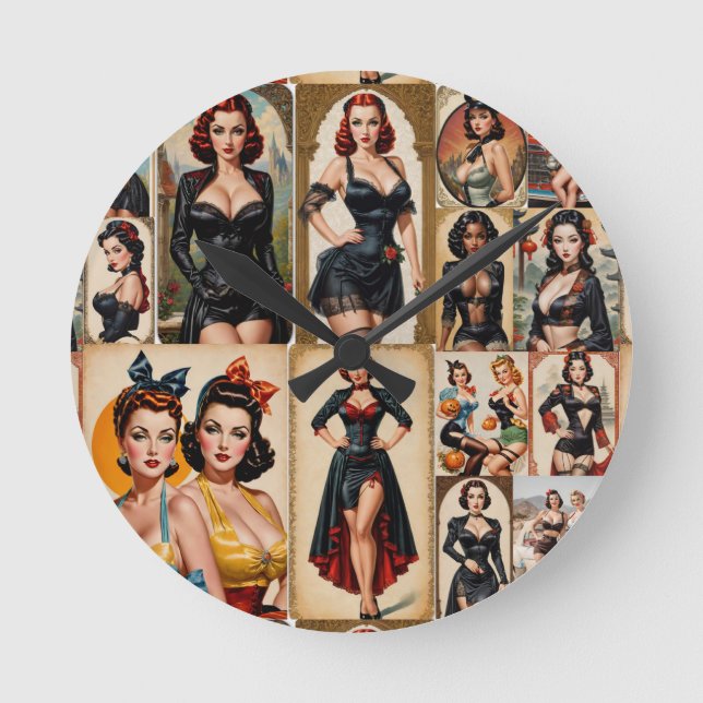 Relógio Redondo Design de Coleção de Raparigas Clássicas de Pin-up (Frente)