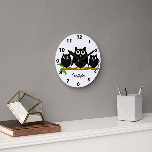 Relógio Redondo Design de Corujas Personalizadas (Escritório)
