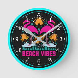 Relógio Redondo Design de Flamingos Rosa Vibes de Praia