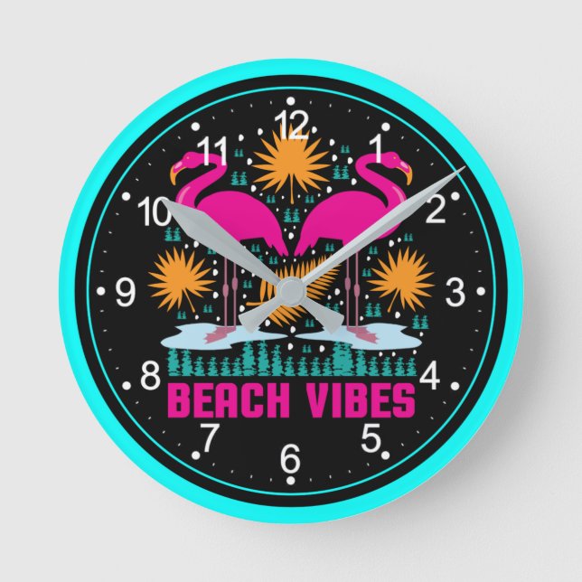 Relógio Redondo Design de Flamingos Rosa Vibes de Praia (Frente)